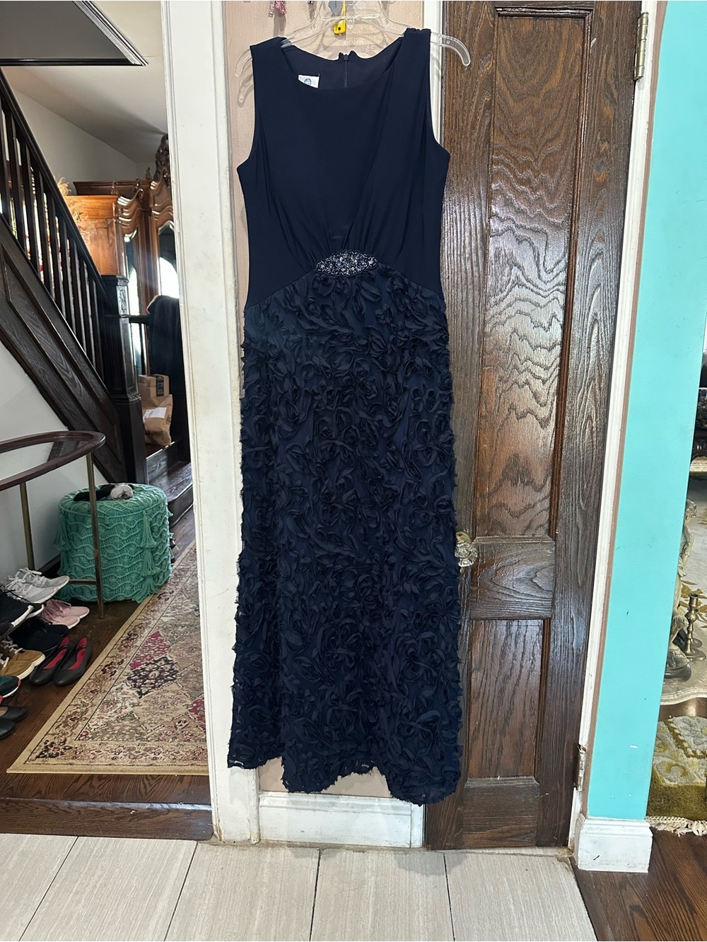 Patra Navy Textured Rosette Maxi Dress with Beaded Waistband